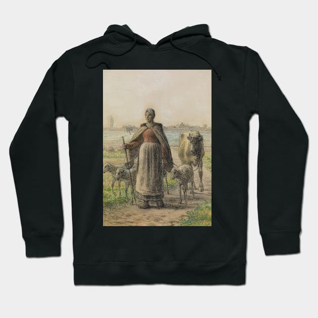 Paysanne Conduisant Aux Champs Sa Vache Et Ses Moutons by Jean-Francois Millet Hoodie by Classic Art Stall